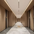 Hotel Corridor With Wooden Walls Elevator Doors Recessed Ceiling Lights And Golden Pattern Carpet
