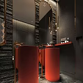 Modern Bathroom Interior With Black Textured Walls Red Round Vanities Mirrors And Gold Lighting Fixtures