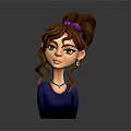 Cartoon Girl With Brown Curly Hair Purple Hairband And Blue Top Playing With Fluffy White Kitten