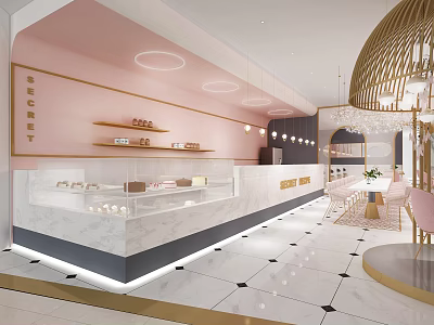 Charming Dessert Shop Interior With Pink Walls Marble Counter And Pastry Displays 3d model