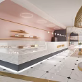 Charming Dessert Shop Interior With Pink Walls Marble Counter And Pastry Displays