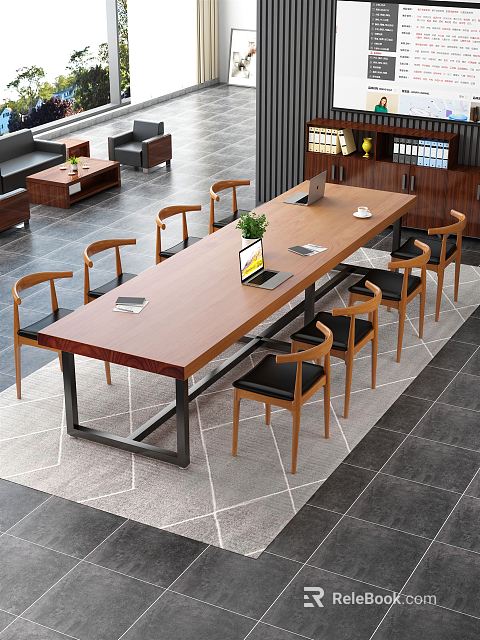 Modern Wooden Conference Table with Chairs Laptop and Green Plant in Office Space 3d model 