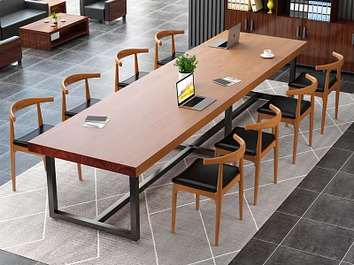 Modern Wooden Conference Table with Chairs Laptop and Green Plant in Office Space 3d model