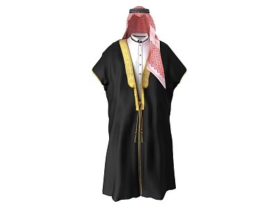 Traditional Arab Thobe Black Robe With Gold Trim And Red White Ghutra 3d model
