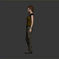 Woman In Yellow Tank Top And Brown Pants Standing On Gray Background