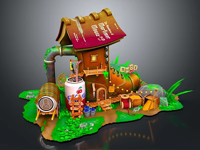 Cartoon Scene With Small House Brown Roof Barrel Drink Can Ladder And Green Grass 3d model