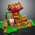 Cartoon Scene With Small House Brown Roof Barrel Drink Can Ladder And Green Grass