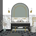 Elegant Bathroom Vanity Design With Arched Mirror Black Countertop Gold Accents And Marble Walls