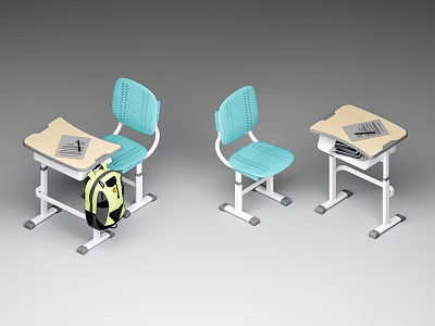School Classroom Desks And Light Blue Chairs With Notebook Laptop And School Bag 3d model