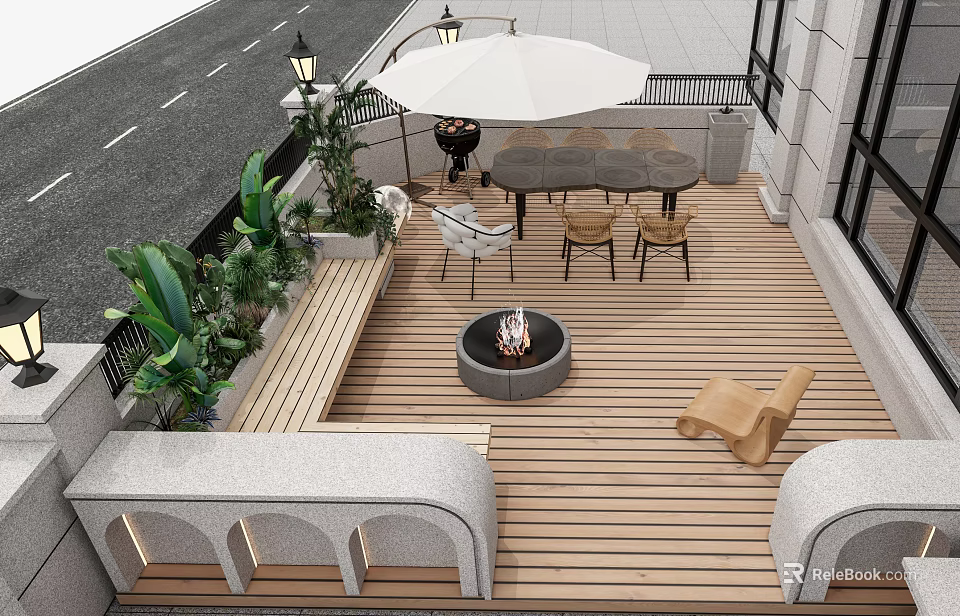 Stylish Garden Patio Featuring Wooden Deck Fire Pit Outdoor Dining Set and Lush Plants 3d model 