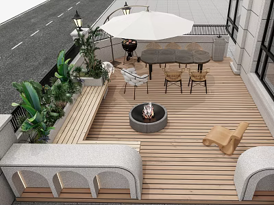 Stylish Garden Patio Featuring Wooden Deck Fire Pit Outdoor Dining Set and Lush Plants 3d model