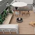Stylish Garden Patio Featuring Wooden Deck Fire Pit Outdoor Dining Set and Lush Plants