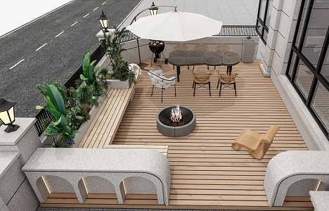 Modern Courtyard Patio Garden Outdoor Dining Table and Chair Parasol Fireplace Stove Plant Pile 3d model