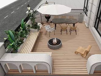 Modern Courtyard Patio Garden Outdoor Dining Table and Chair Parasol Fireplace Stove Plant Pile 3d model