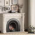 Classic White Carved Fireplace with Burning Fire Vases Framed Art and Plants near Window Blinds