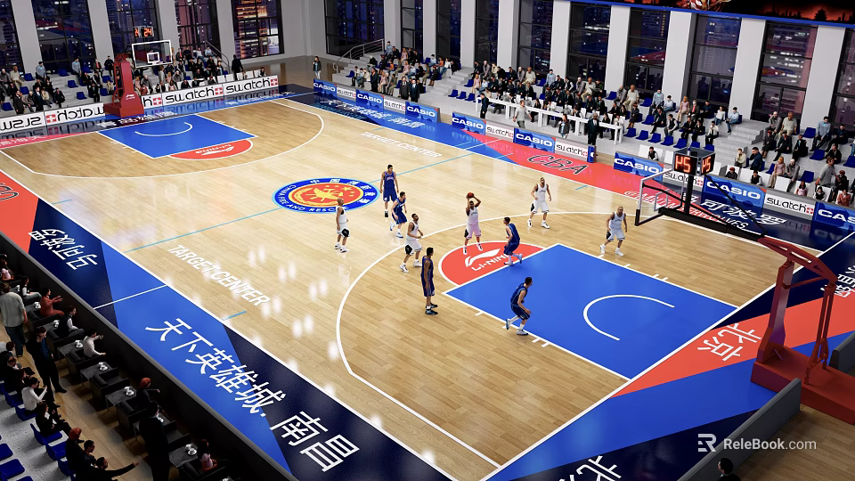 Modern Basketball Gymnasium with Live Game Players Spectators Bright Lighting and Court Seating 3d model 