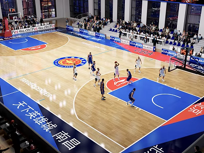 Modern Basketball Gymnasium with Live Game Players Spectators Bright Lighting and Court Seating 3d model