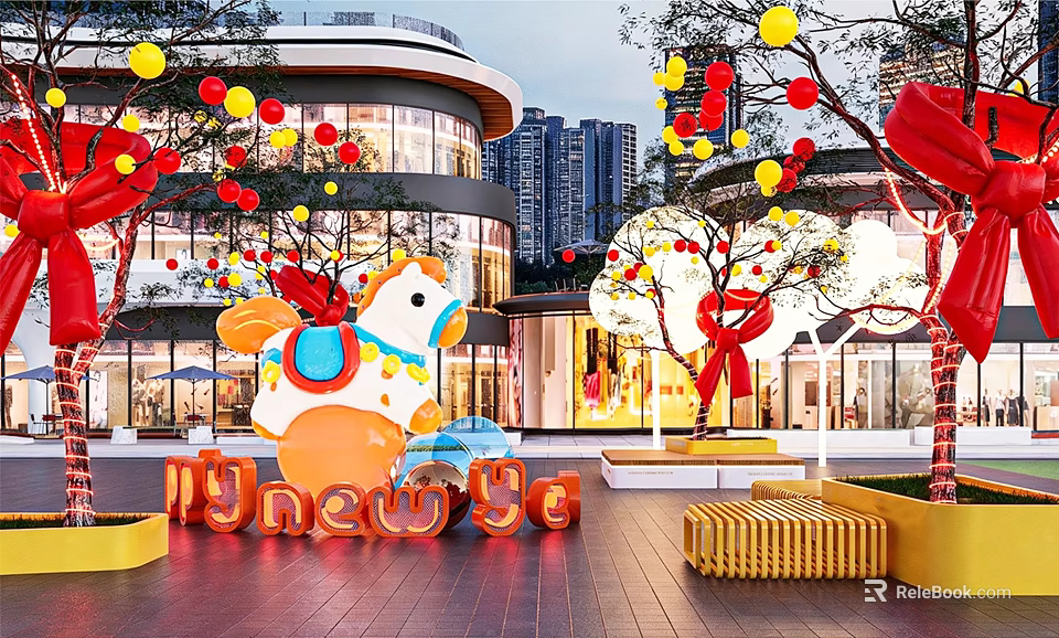 Vibrant Commercial Landscape With Carousel Decoration Colorful Balloons High Rise Buildings And New Signage 3d model 