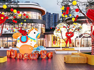 Vibrant Commercial Landscape With Carousel Decoration Colorful Balloons High Rise Buildings And New Signage 3d model