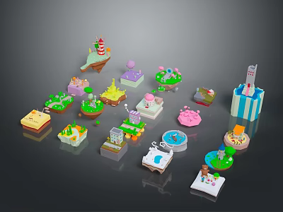 Colorful Miniature Scenery With Green Plants Small Buildings And Diverse Bases 3d model