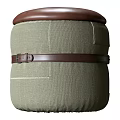 Comfortable Round Ottoman With Light Green Fabric Brown Leather Cushion And Belt Detail