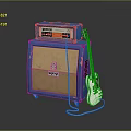Blue Amplifier Brown Speaker Cabinet with White Electric Guitar and Connecting Cable