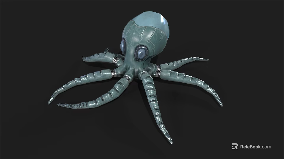 Gray Green Mechanical Octopus Figure With Large Eyes And Detailed Tentacles 3d model 