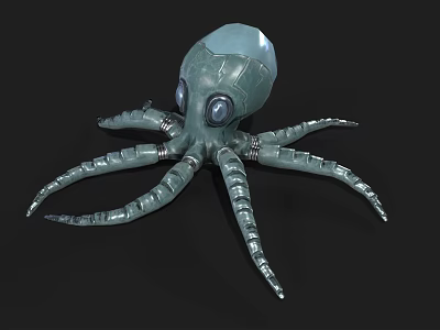 Gray Green Mechanical Octopus Figure With Large Eyes And Detailed Tentacles 3d model