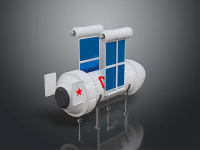 White Spacecraft Model With Blue Panels Red Star Cylindrical Structure And Support Stands 3d model