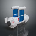 White Spacecraft Model With Blue Panels Red Star Cylindrical Structure And Support Stands 3d model