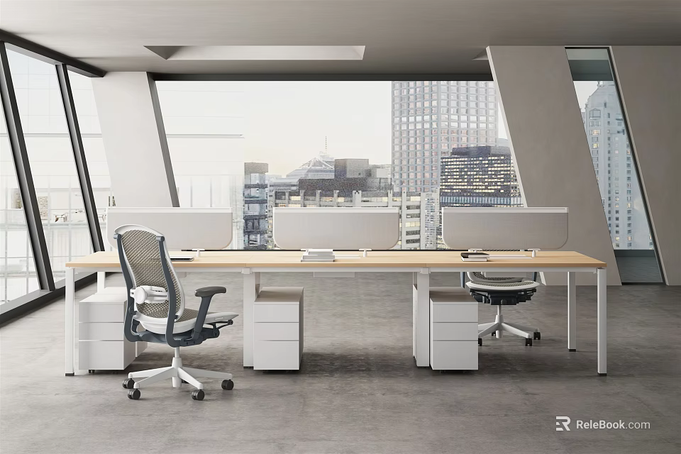 Modern Office Desk With Wooden Top Computer Monitors And Office Chairs By City View Windows 3d model 