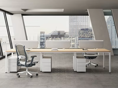 Modern Office Desk With Wooden Top Computer Monitors And Office Chairs By City View Windows 3d model