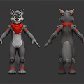 3D Wolf Character Front Back Views with Gray Fur Red Bandana White Belly Green Eyes