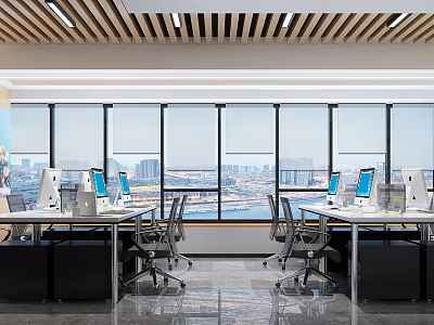 Modern Public Office Space With Desks Computers Office Chairs And City View Through Large Windows 3d model