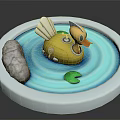 Cartoon Scene With Yellow Duck Floating In Round Blue Pool And Stone Green Leaf