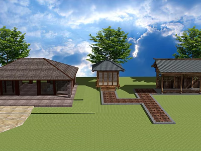 Traditional Detached Villas With Thatch Tile Roofs Green Grass Lawn Trees Stone Paths Blue Sky 3d model