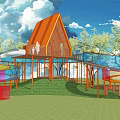 Adventure Playground Equipment With Colorful Curved Slides Wooden Cabin And Green Trees
