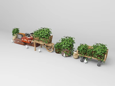 Decorative Plant Cart Train With Wooden Boxes Wheels And Green Plants 3d model