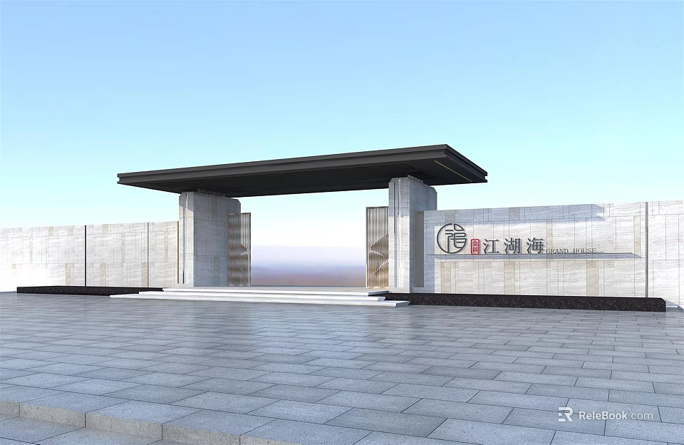 Modern Entrance Gate With Stone Walls Columns Logo Sign And Pavement 3d model 