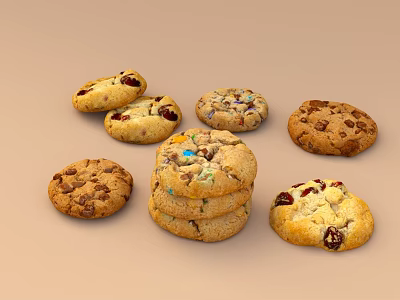 Assorted Delicious Cookies Chocolate Chip Cranberry Colorful Candy Stacked And Scattered On Beige Background 3d model