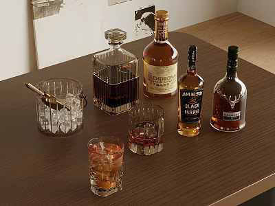 Stylish Whiskey Bottles And Glasses Setup On Wooden Table With Ice Cubes And Cocktail 3d model