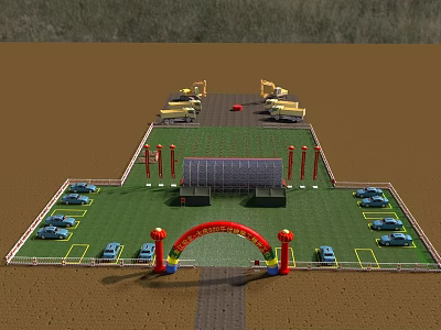 Event Venue Setup With Green Lawn Stage Red Arches And Blue Cars 3d model