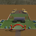 Event Venue Setup With Green Lawn Stage Red Arches And Blue Cars