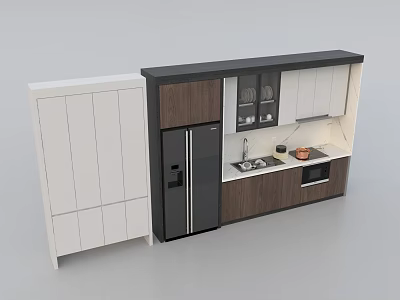 Modern Kitchen Cabinets In White And Dark Wood With Sink Refrigerator And Appliances 3d model