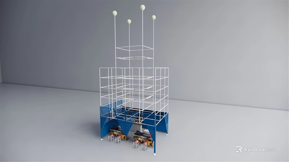 Multi Level Scaffolding Structure With Blue Base And White Frame 3d model 