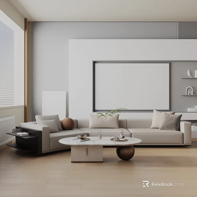 Modern Three Seater Sofa With Throw Pillows In Beige Living Room With Marble Coffee Table 3d model 