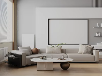Modern Three Seater Sofa With Throw Pillows In Beige Living Room With Marble Coffee Table 3d model