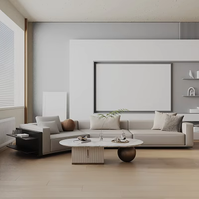 Modern Three Seater Sofa With Throw Pillows In Beige Living Room With Marble Coffee Table 3d model