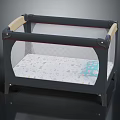 Modern Baby Crib Furniture With Gray Frame Mesh Sides Beige Handles And Patterned Mattress