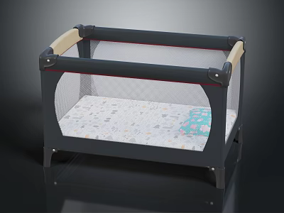 Modern Baby Crib Furniture With Gray Frame Mesh Sides Beige Handles And Patterned Mattress 3d model